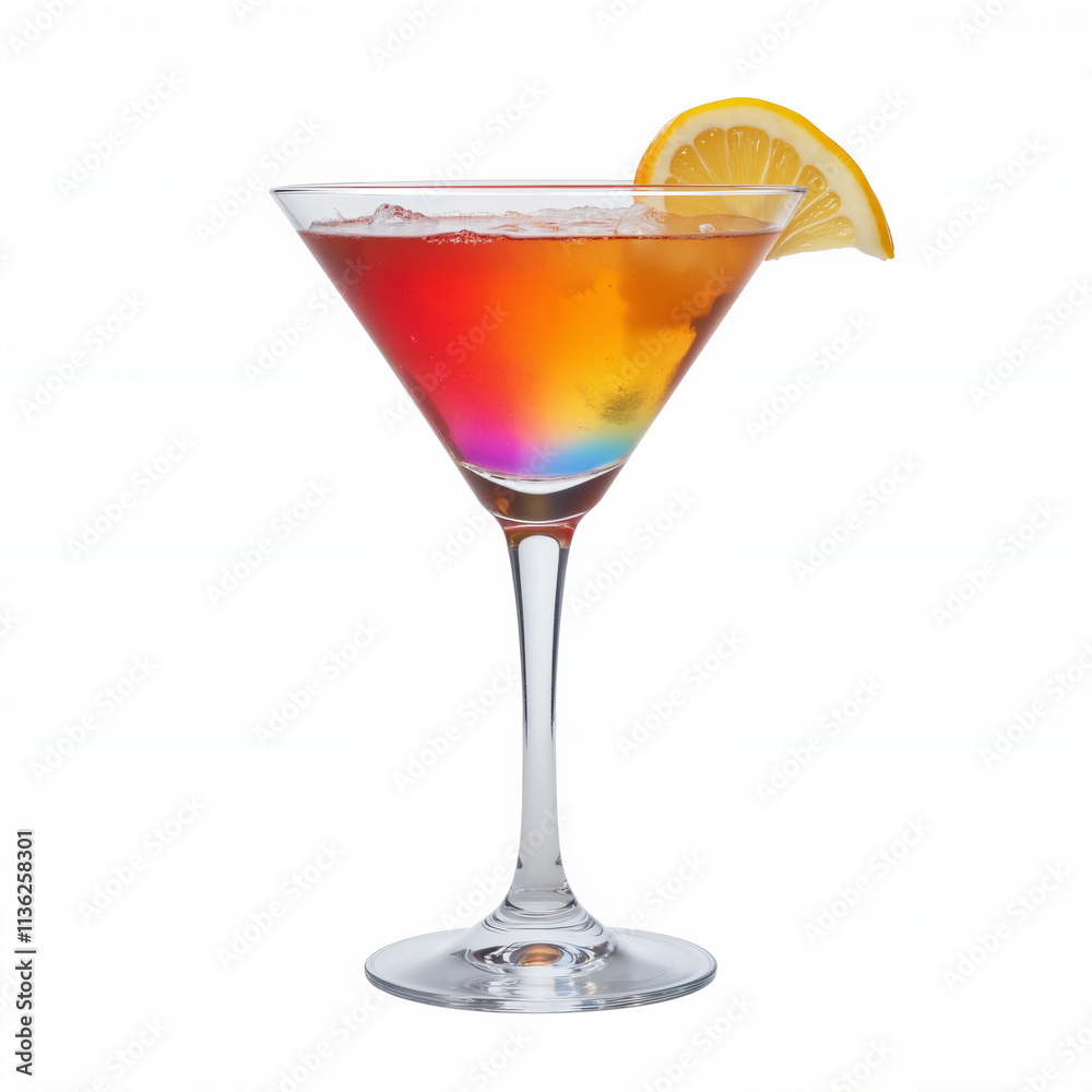 Rainbow colored Martini drinking glass with lime slice on rim for new year's eve party - isolated on white background Rainbow colored Martini drinking glass with lime slice on rim for new year's eve party - isolated on white background