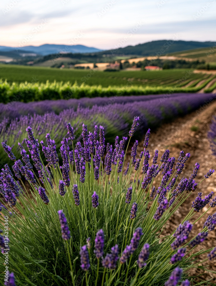 Obraz premium Lavender fields in bloom at sunset in countryside