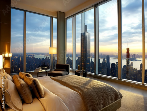 Luxurious hotel room with panoramic city skyline view at sunset.