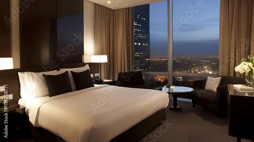 A modern hotel room with a city view at dusk, featuring elegant furnishings and decor.
