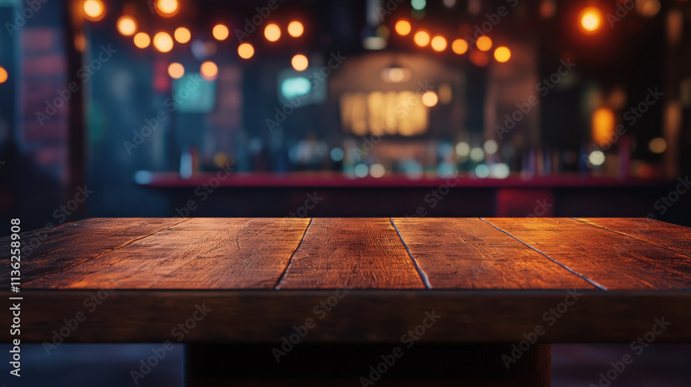 close up view of empty wooden table with warm lighting, set in cozy bar atmosphere. blurred background features soft bokeh lights and rustic ambiance close up view of empty wooden table with warm lighting, set in cozy bar atmosphere. blurred background features soft bokeh lights and rustic ambiance