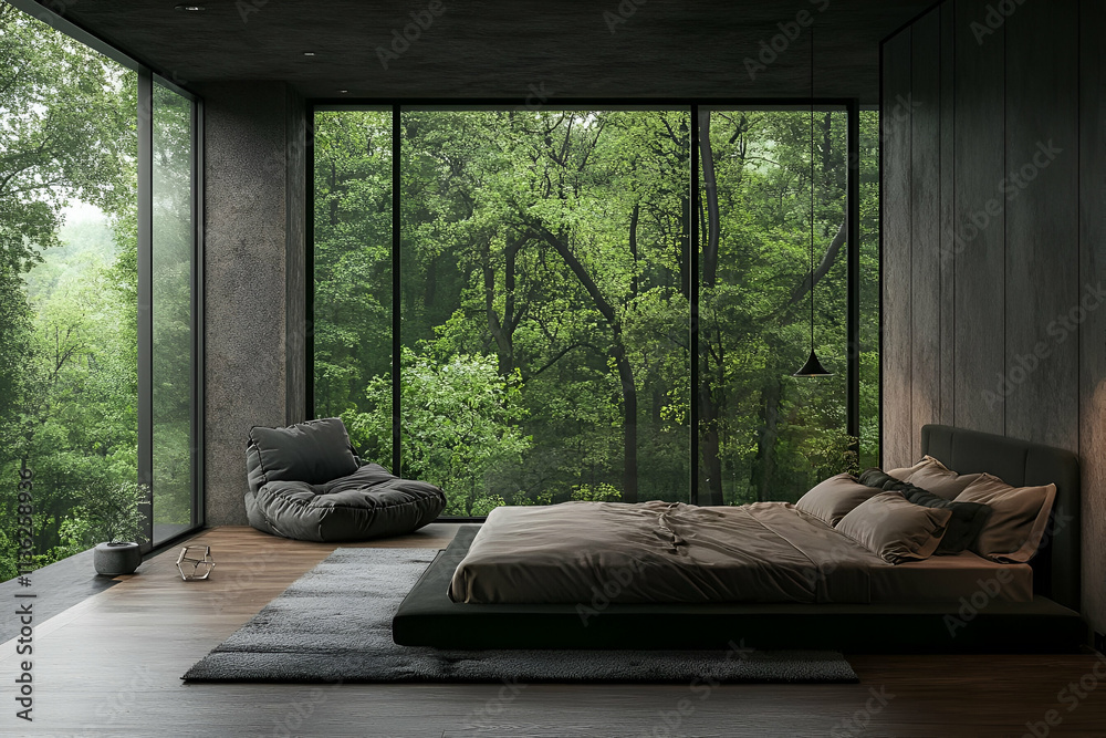 A modern bedroom with large windows overlooking lush greenery. A modern bedroom with large windows overlooking lush greenery.