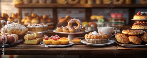 Delicious pastries and cakes filling a bakery display table photo