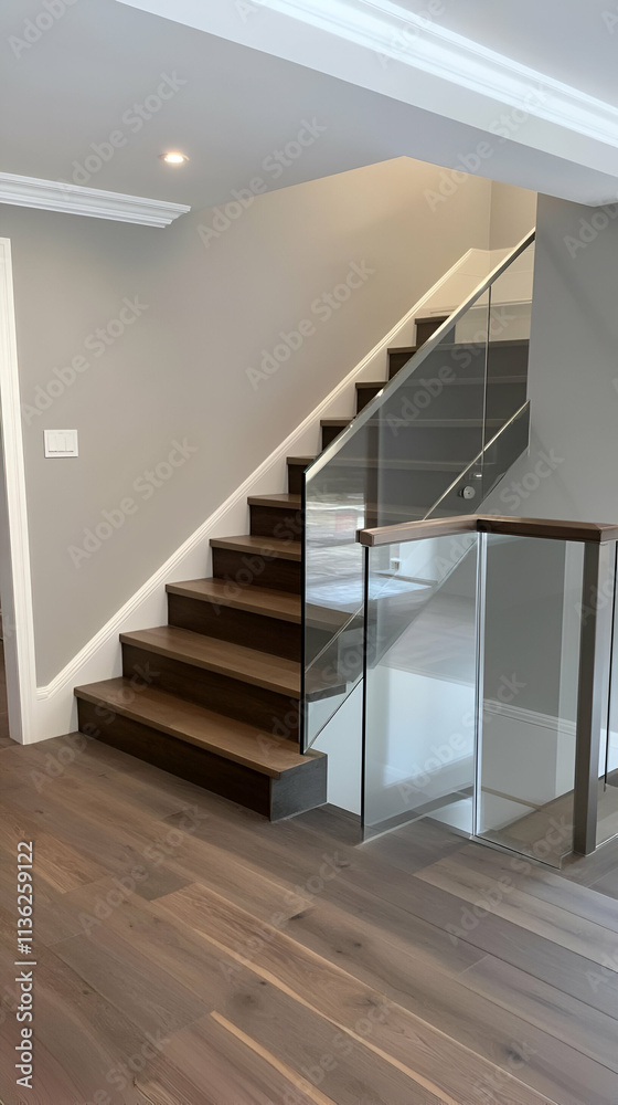 Obraz premium Modern staircase with wooden steps and glass railing in a well-lit interior space.
