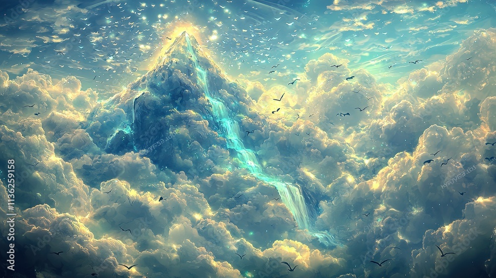 A fantasy depiction of a mountain peak surrounded by clouds, where a waterfall flows into the sky itself. Birds with glowing feathers circle the summit, and the ethereal lighting enhances the A fantasy depiction of a mountain peak surrounded by clouds, where a waterfall flows into the sky itself. Birds with glowing feathers circle the summit, and the ethereal lighting enhances the