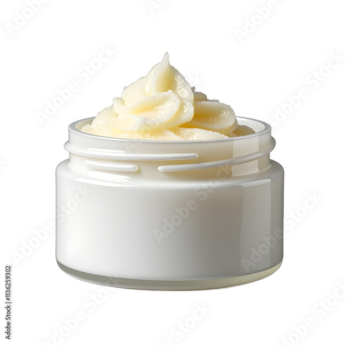 Front view of a white opaque body scrub jar with no labels isolated on a white transparent background.