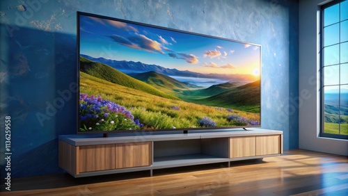 Stunning flat-screen TV displaying a vibrant landscape with rolling hills and flowers.