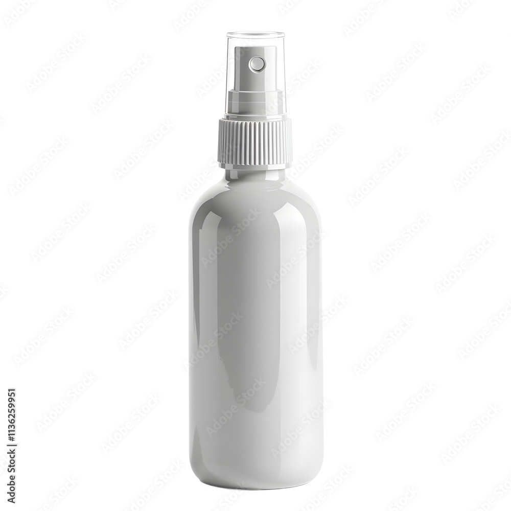Front view of a white opaque facial mist bottle with no labels isolated on a white transparent background. Front view of a white opaque facial mist bottle with no labels isolated on a white transparent background.