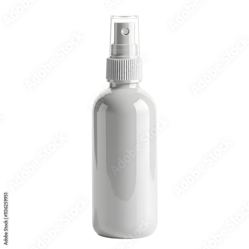Front view of a white opaque facial mist bottle with no labels isolated on a white transparent background.