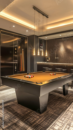 A modern billiard room featuring a sleek pool table and stylish lighting.