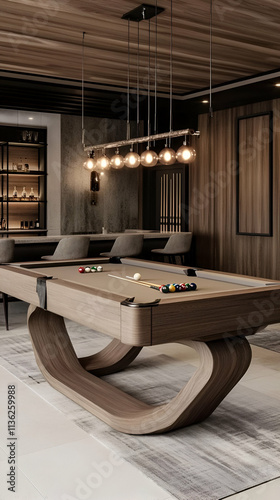 A stylish billiards room featuring a modern pool table and elegant lighting.