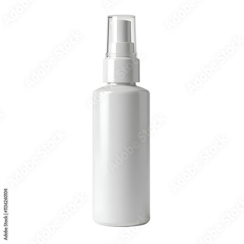 Front view of a white opaque hair serum bottle with no labels isolated on a white transparent background.