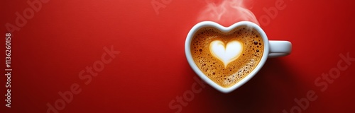Steaming coffee in a heart-shaped mug on a red background, banner