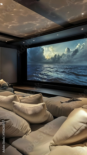 A cozy home theater featuring a large screen displaying a serene ocean scene.