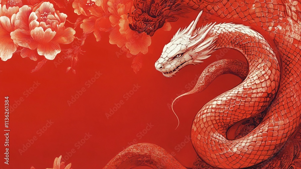 Obraz premium An ornate illustration featuring a majestic serpent on a vibrant crimson background, ideal for Lunar New Year celebrations, especially the Year of the Snake.