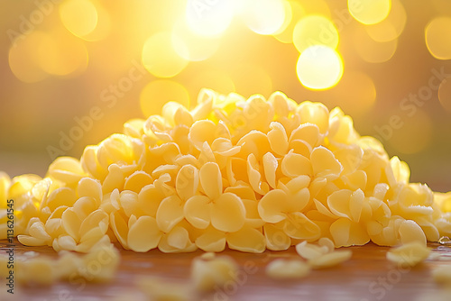 Close-up of a pile of raw pasta shaped like flowers against a bokeh background. photo