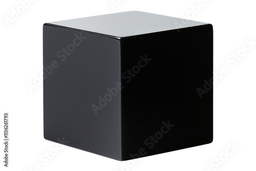 A shiny black cube with smooth surfaces and sharp edges, reflecting light subtly from its top surface.
