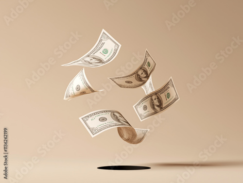 Floating US dollar bills in mid-air on a beige background, conceptual financial art
 photo