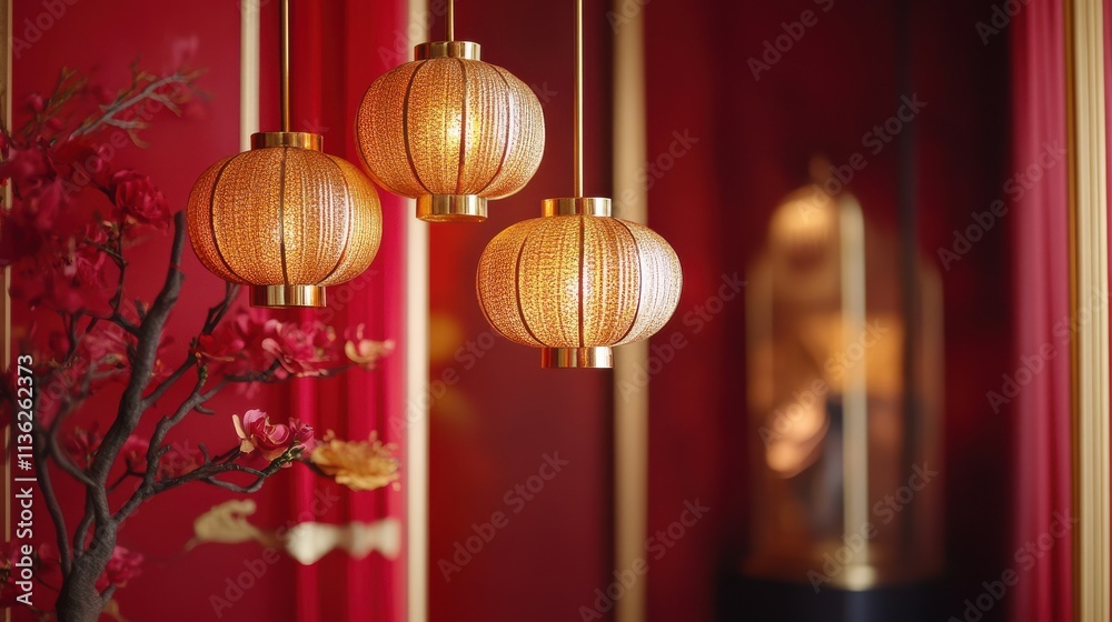 Elegant Chinese Lanterns Hanging in Luxurious Red Decor Setting Elegant Chinese Lanterns Hanging in Luxurious Red Decor Setting
