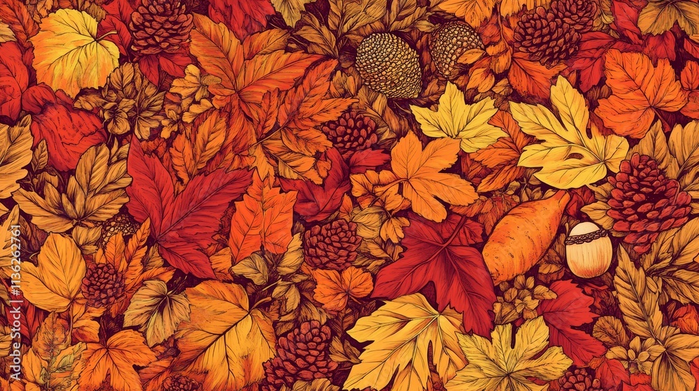 Autumn Leaves Pattern, Fall Colors, Nature Inspired Design, Forest Foliage, Pinecones and Leaves, Vibrant Autumn Art Autumn Leaves Pattern, Fall Colors, Nature Inspired Design, Forest Foliage, Pinecones and Leaves, Vibrant Autumn Art