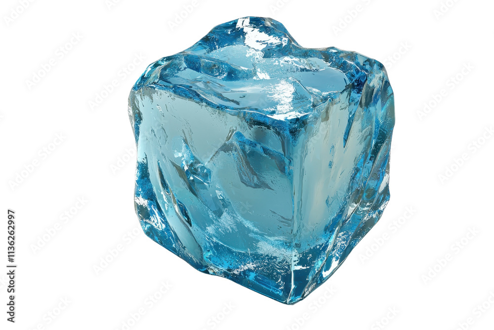 A clear, blue ice cube with sharp edges and a glossy surface, reflecting light. A clear, blue ice cube with sharp edges and a glossy surface, reflecting light.