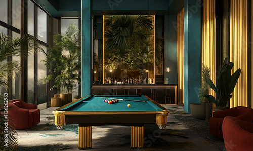 Luxurious lounge with a pool table, bar, and lush greenery for relaxation and entertainment.