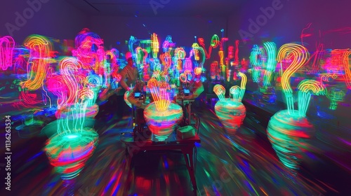 A glowing holographic workshop where robotic artisans create vibrant neon sculptures. The tools emit soft light, and completed works hover in mid-air, their dynamic patterns shifting as they  photo