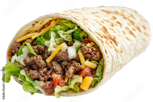 A delicious burrito filled with seasoned beef, fresh lettuce, tomatoes, shredded cheese, and onions wrapped in a soft tortilla.