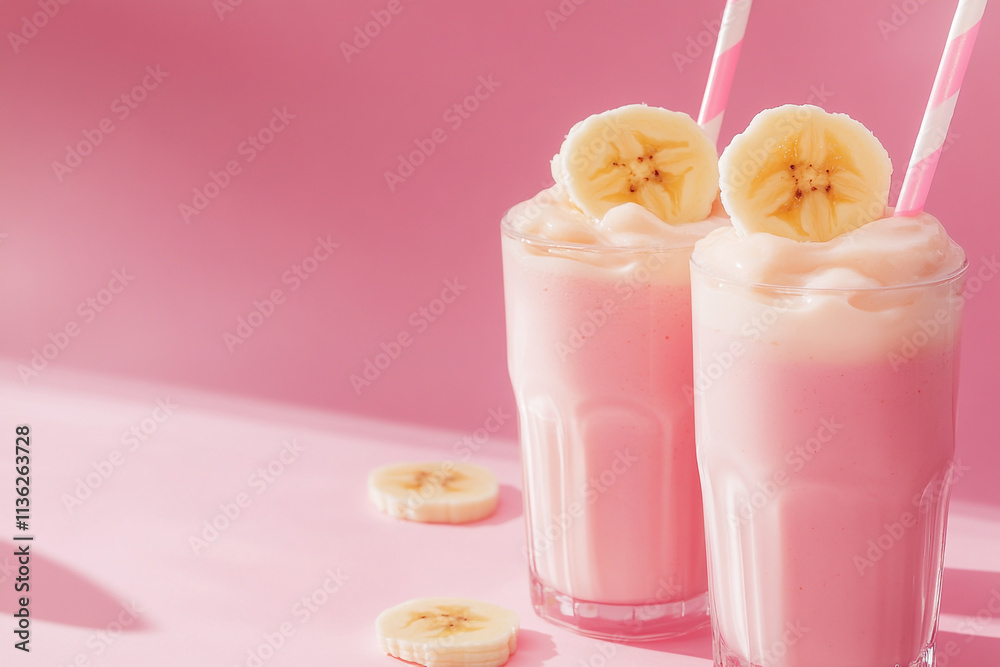 Refreshing banana smoothies served in glasses with pink straws against a pink backdrop Refreshing banana smoothies served in glasses with pink straws against a pink backdrop