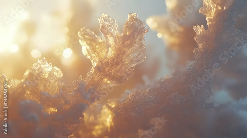 Close-up of frost-covered branches at sunset, showcasing intricate ice formations.