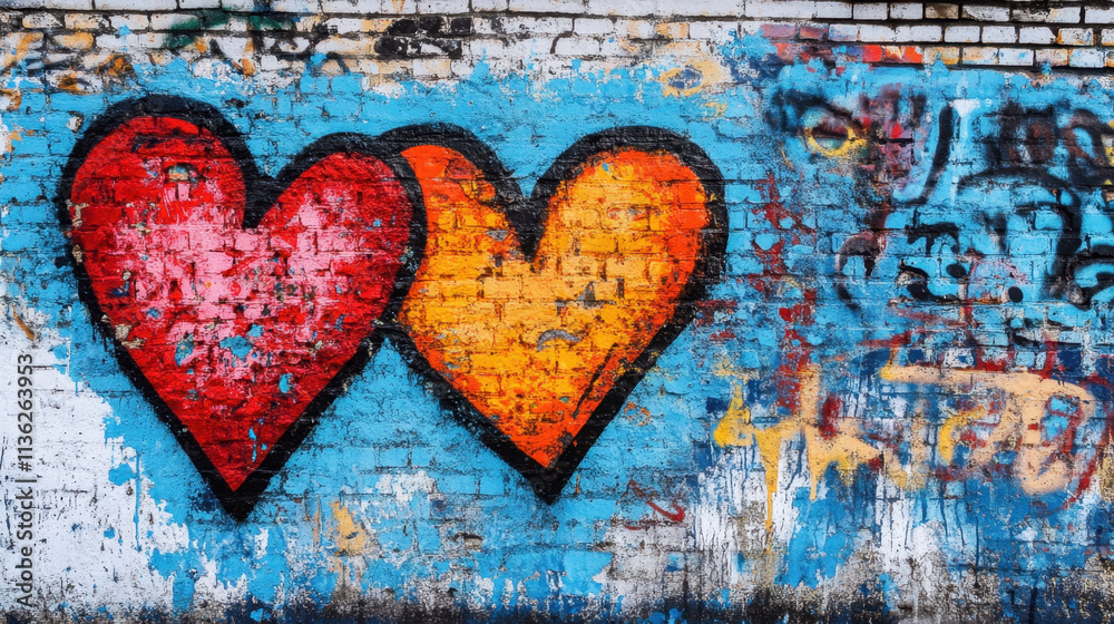 Naklejka premium Colorful hearts painted on brick wall, showcasing vibrant red and orange hues. This urban art piece adds lively touch to surroundings, expressing love and creativity