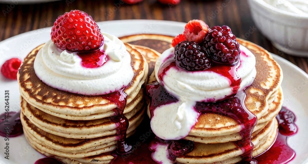 A stack of fluffy pancakes topped with whipped cream, berries, and berry sauce. A stack of fluffy pancakes topped with whipped cream, berries, and berry sauce.