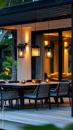 A serene outdoor dining area with lanterns and a modern aesthetic.