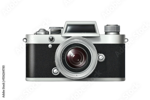 A vintage camera with a sleek design, featuring a prominent lens and detailed controls, embodying classic photography aesthetics.