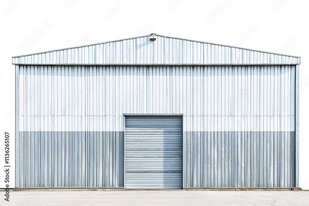 A simple, metallic warehouse with a gabled roof and a central door, on transparent background. A simple, metallic warehouse with a gabled roof and a central door, on transparent background.