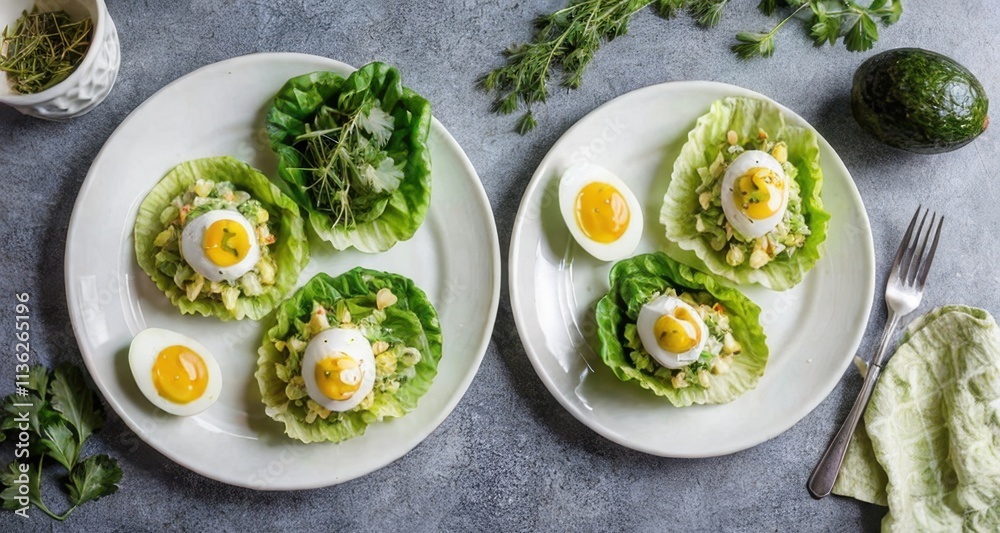 Fresh lettuce wraps filled with egg, avocado, and herbs on plates. Fresh lettuce wraps filled with egg, avocado, and herbs on plates.