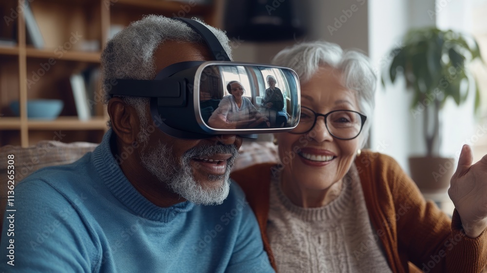 A joyful elderly couple engages with virtual reality, showcasing technology's impact on their lives and shared experiences. A joyful elderly couple engages with virtual reality, showcasing technology's impact on their lives and shared experiences.