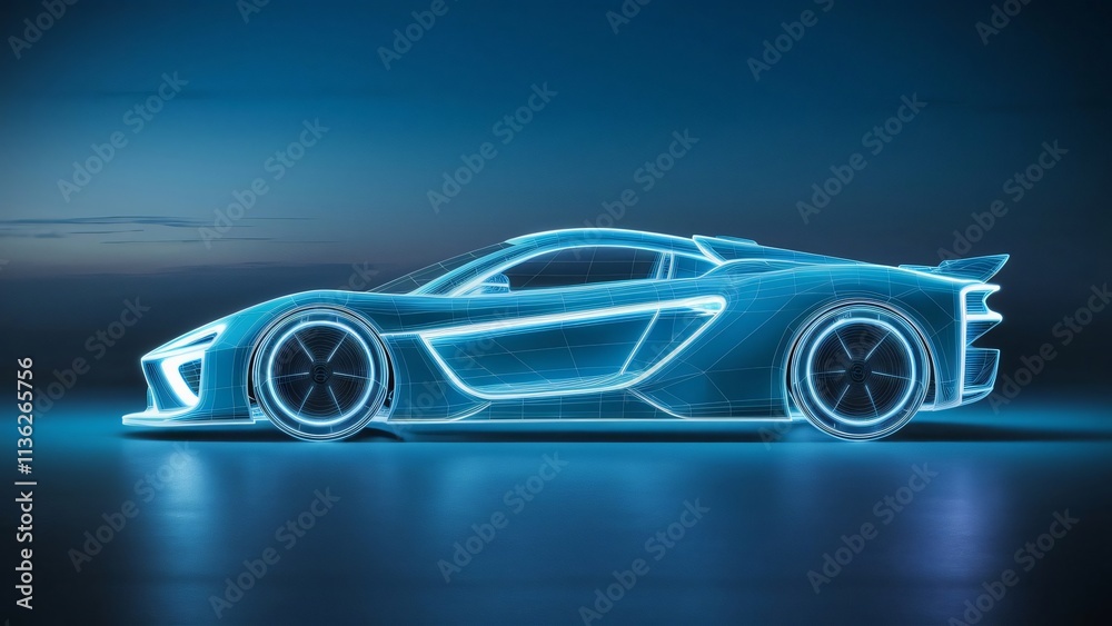 Naklejka premium Futuristic Sports Car Wireframe Model, Digital Design Concept for Automotive Industry