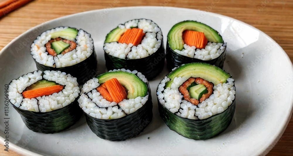 A plate of sushi rolls featuring cucumber, carrot, and rice wrapped in seaweed. A plate of sushi rolls featuring cucumber, carrot, and rice wrapped in seaweed.