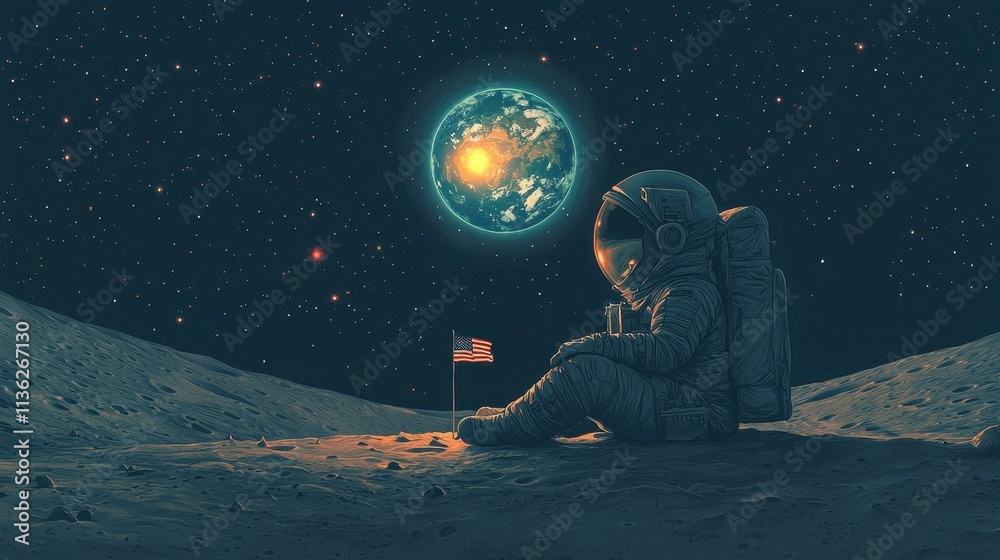 Obraz premium A peaceful depiction of a lone astronaut sitting on the surface of a distant moon, gazing at the glowing Earth in the sky. Their helmet reflects the stars, and a small flag planted beside them 