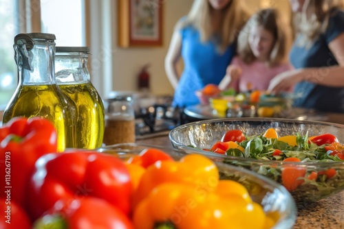 Family Cooking a Healthy Salad Together in a Bright Kitchen photo