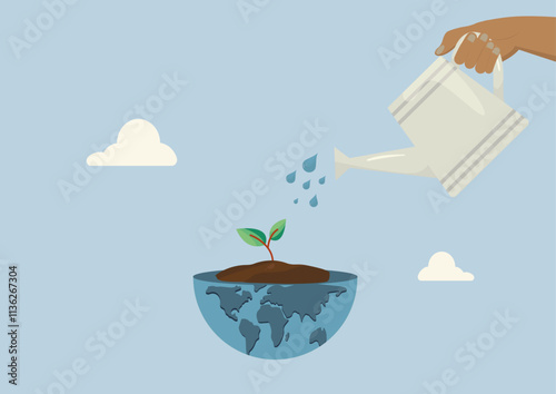 Watering Earth for Sustainability Growth. hand watering a sapling growing from a globe, symbolizing environmental care, sustainability, and global growth. Water conservation vector. World water day