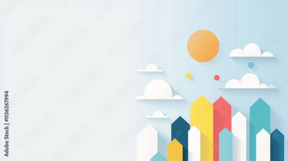 Fototapeta premium A colorful, minimalist cityscape with a sun and clouds, conveying a cheerful atmosphere.