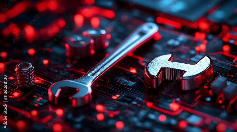 Fototapeta premium Close-up of wrench and socket on circuit board.