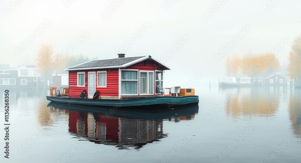 Fototapeta premium Charming Amsterdam Houseboat: Traditional Floating Residence Amidst Canals and Dutch Architecture