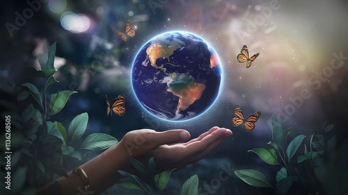 Hands caring for blue Earth on tropical green forest nature background, Earth day, Ecology and Environment concept.