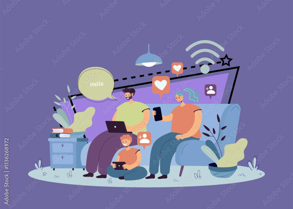 Naklejka premium Addicted family using digital gadgets for chatting on social media. Parents and kid using smartphone, laptop, tablet at home. Vector illustration for internet addiction, online communication concept