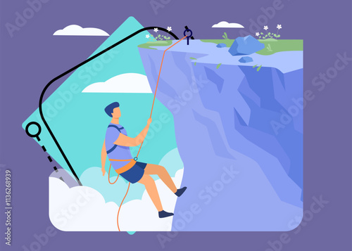 Climber hanging on rope and pulling himself on top of rocky mountain wall. Extreme mountaineer climbing on cliff. For sport, outdoor activity, risk, alpinist concept