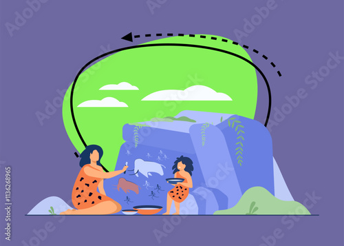 Ancient woman and kid painting on stone wall isolated flat vector illustration. Cartoon Prehistoric people drawing primitive animals and hunters. Rock art design and family concept