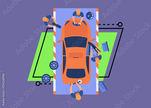 Automobile service team working on car, washing and polishing vehicle, changing wheels. Vector illustration for car maintenance, repairing crashed car, garage, mechanic service station concept